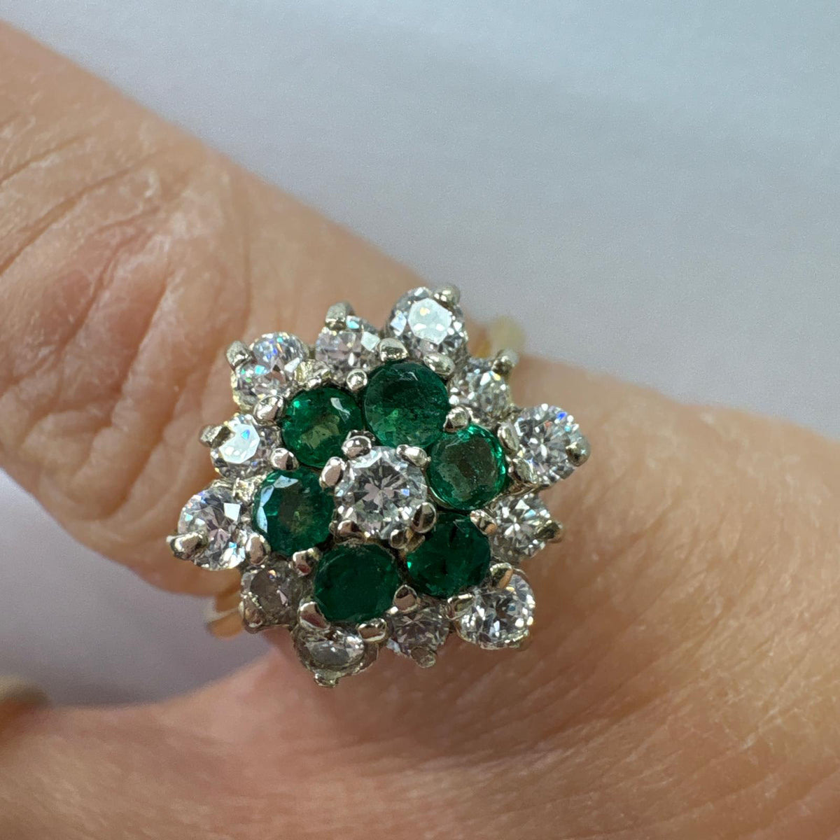 emerald and diamond ring, emerald cluster ring UK, 18ct gold emerald ring, flower cluster ring, May birthstone ring, alternative engagement ring, pre-loved emerald ring, second hand cluster ring