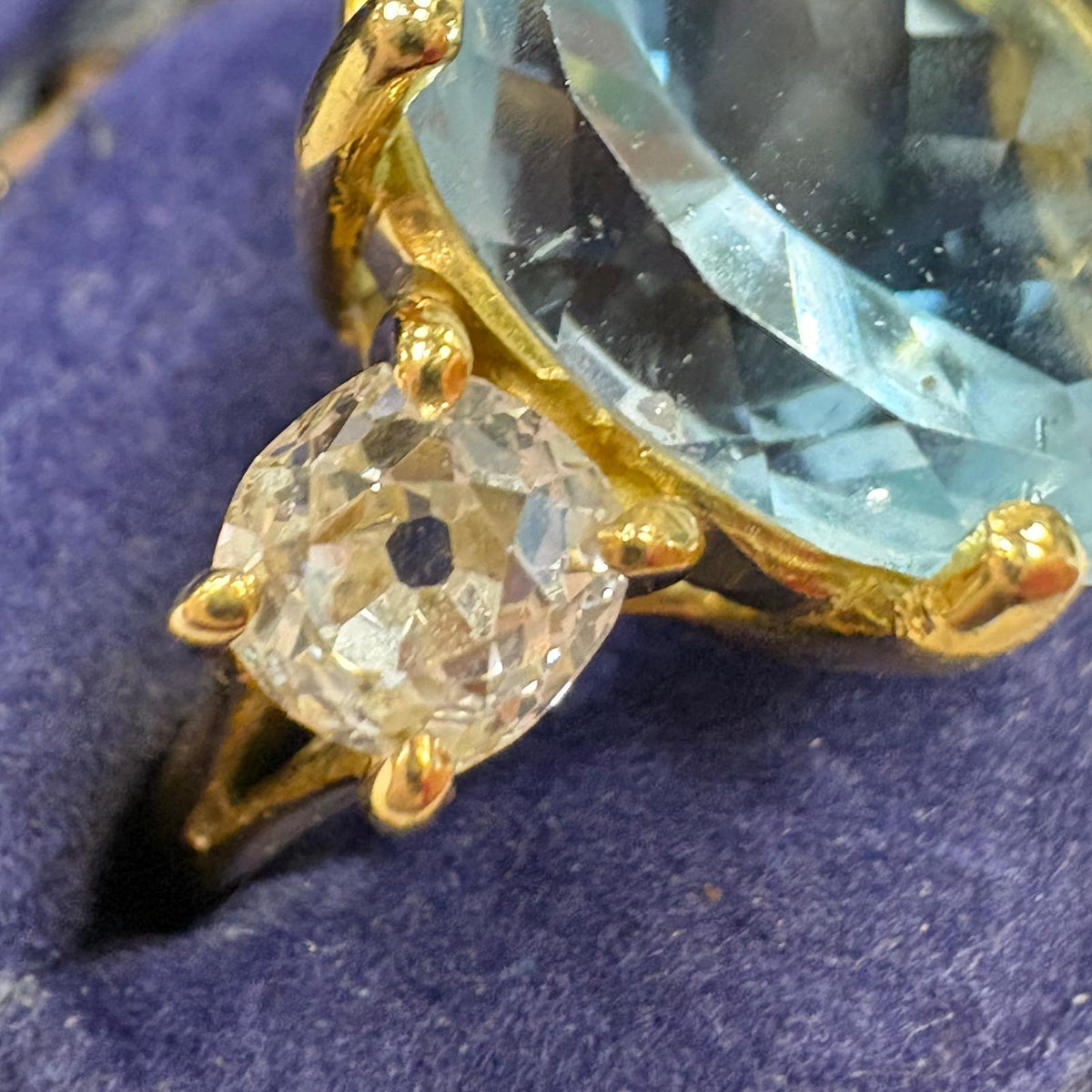 aquamarine engagement ring, old mine cut diamond ring UK, aquamarine and diamond ring, three stone aquamarine ring, alternative engagement ring, antique diamond ring, March birthstone ring, 18ct gold aquamarine ring