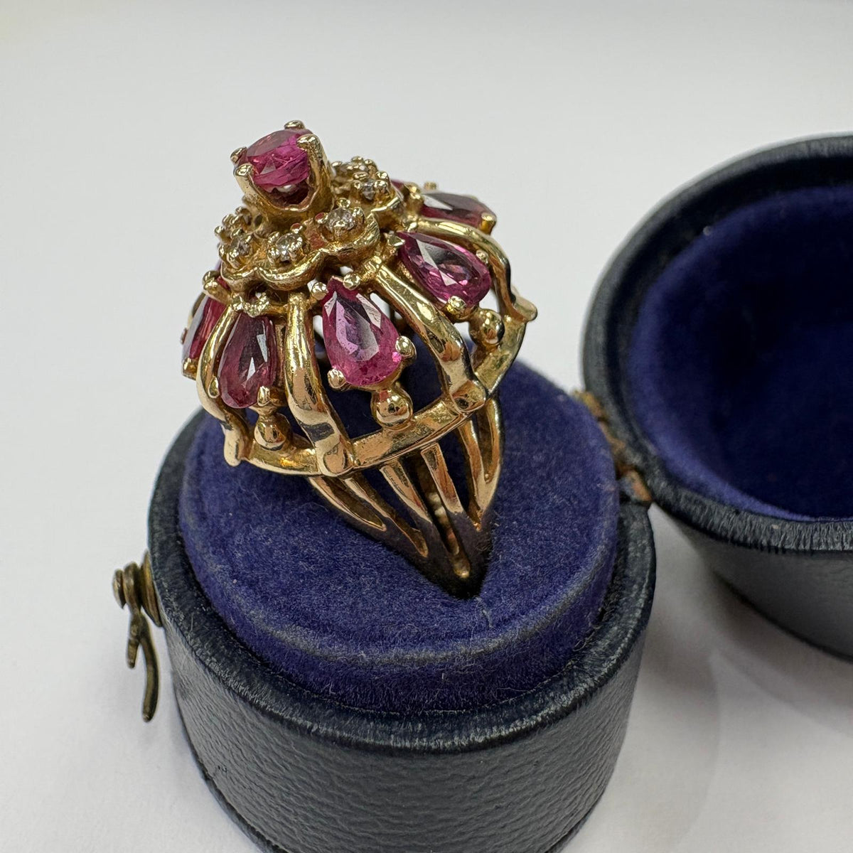 vintage sapphire cluster ring, 1960s cocktail ring, purple sapphire ring UK, natural sapphire and diamond ring, dome cluster ring, bombe ring, certified sapphire ring, vintage cocktail ring UK