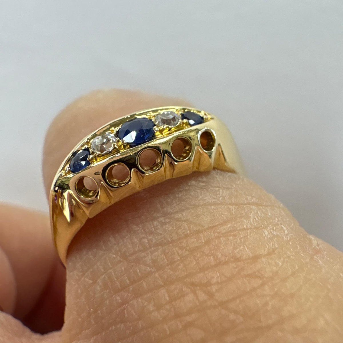antique five stone ring, Edwardian sapphire ring, old cut diamond ring UK, antique sapphire and diamond ring, 18ct gold five stone ring, antique engagement ring, boat shaped ring, Edwardian engagement ring