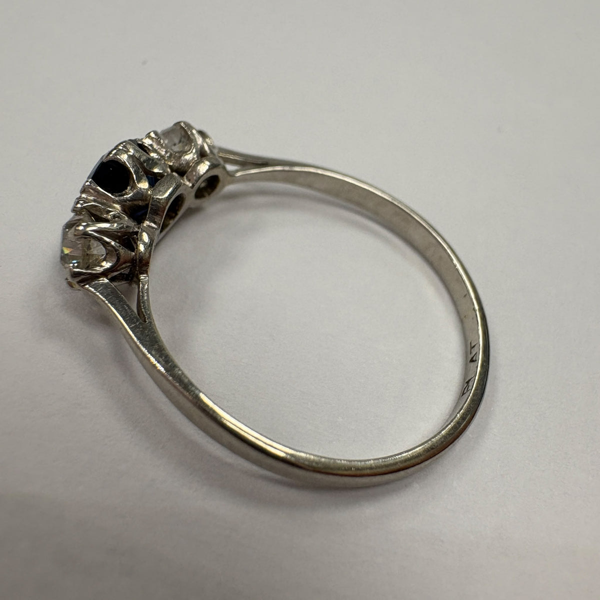 Art Deco sapphire ring, old cut diamond ring UK, vintage platinum engagement ring, antique sapphire and diamond ring, three stone vintage ring, old European cut diamond, 1920s engagement ring, vintage trilogy ring
