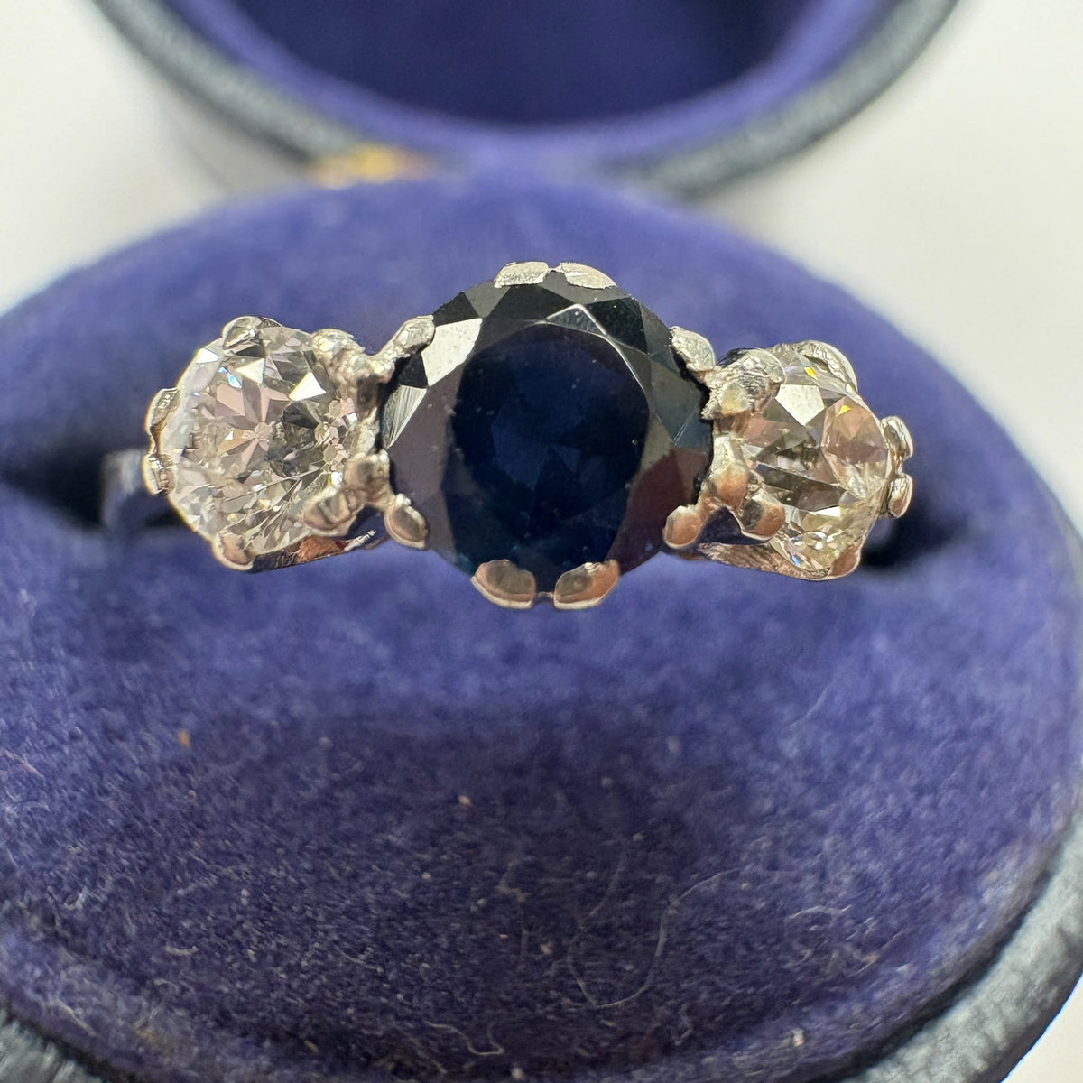 Art Deco sapphire ring, old cut diamond ring UK, vintage platinum engagement ring, antique sapphire and diamond ring, three stone vintage ring, old European cut diamond, 1920s engagement ring, vintage trilogy ring