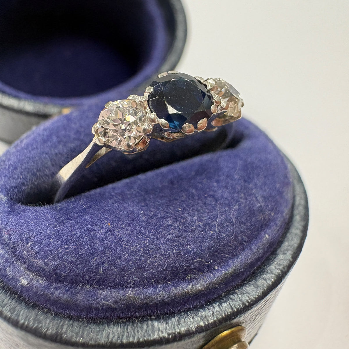 Art Deco sapphire ring, old cut diamond ring UK, vintage platinum engagement ring, antique sapphire and diamond ring, three stone vintage ring, old European cut diamond, 1920s engagement ring, vintage trilogy ring