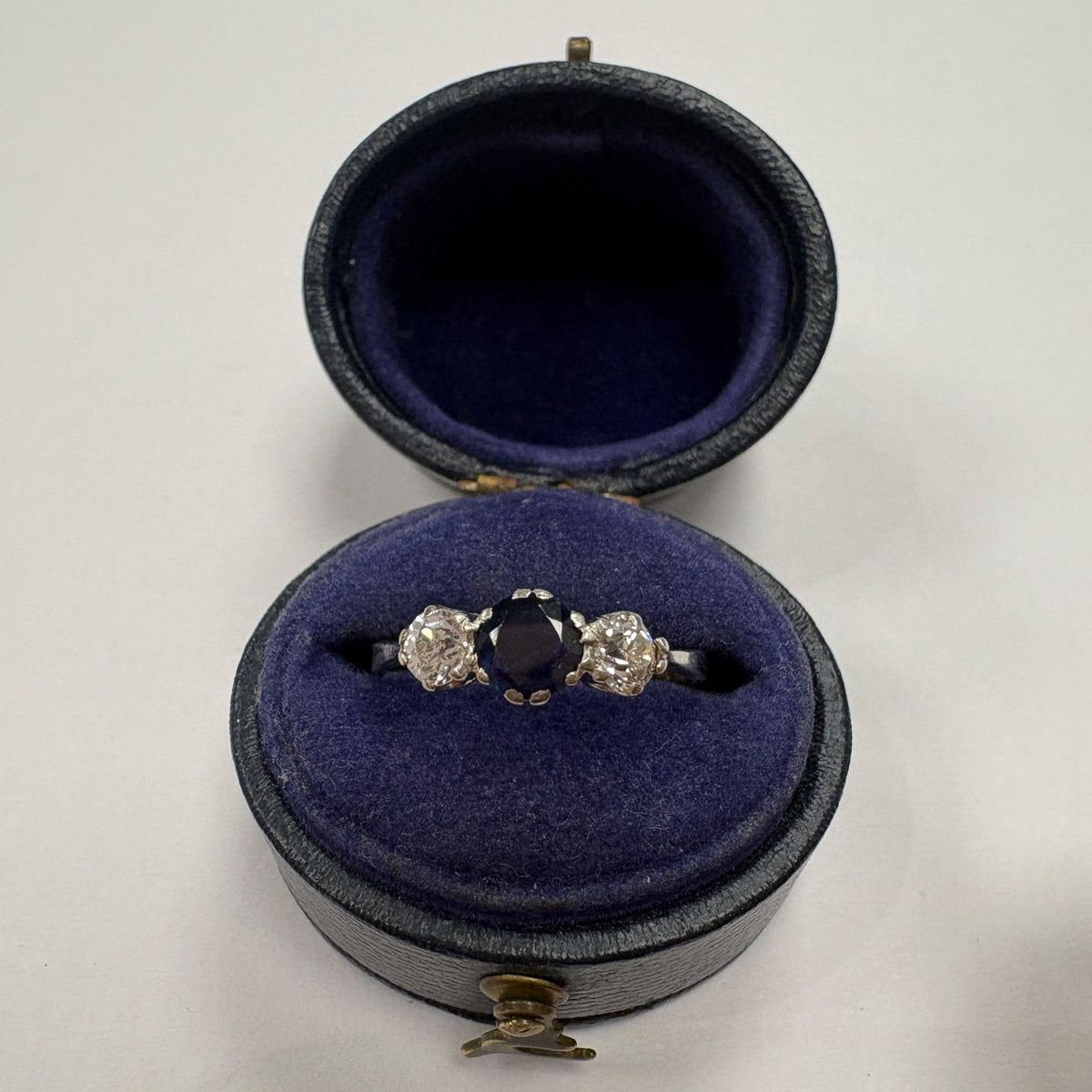 Art Deco sapphire ring, old cut diamond ring UK, vintage platinum engagement ring, antique sapphire and diamond ring, three stone vintage ring, old European cut diamond, 1920s engagement ring, vintage trilogy ring