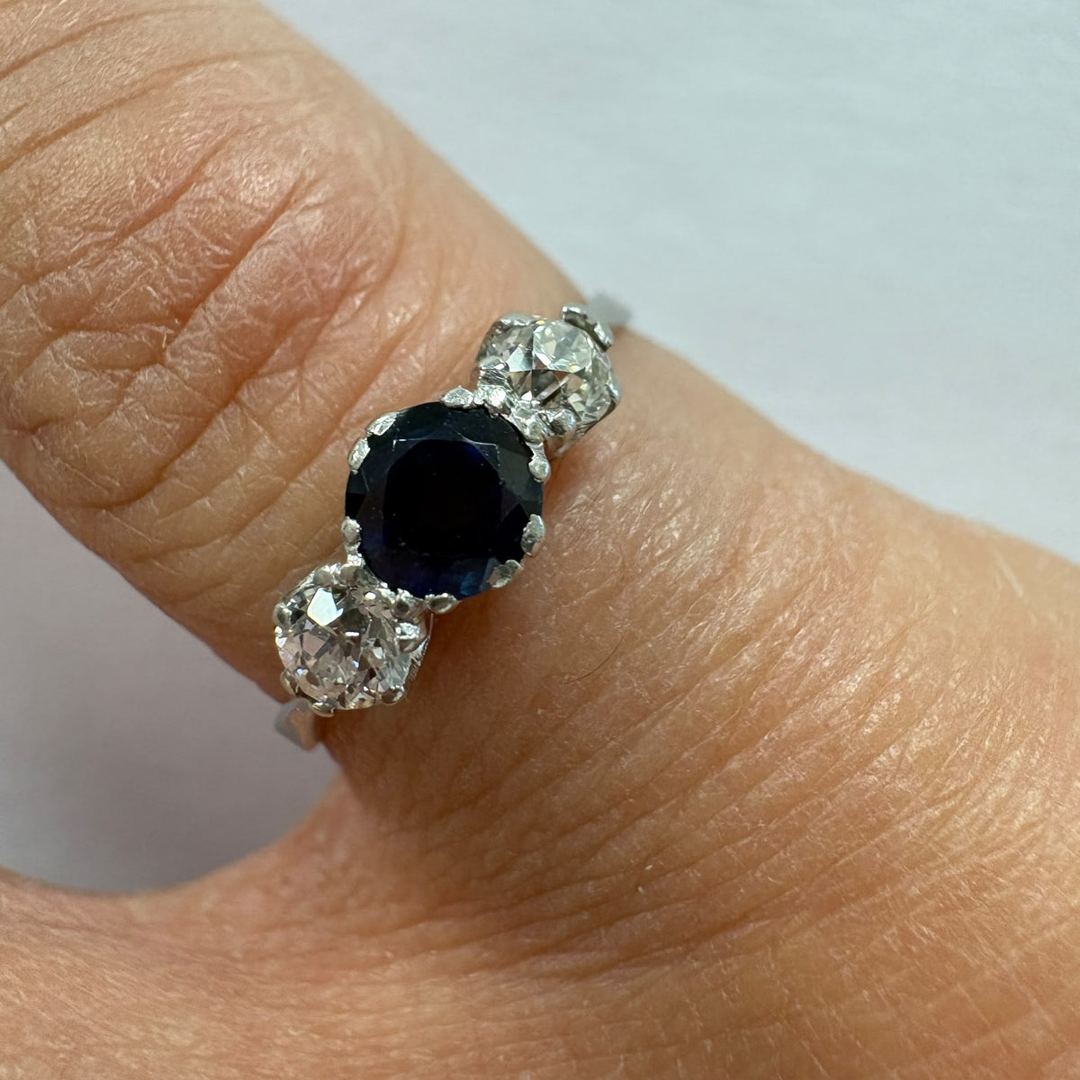 Art Deco sapphire ring, old cut diamond ring UK, vintage platinum engagement ring, antique sapphire and diamond ring, three stone vintage ring, old European cut diamond, 1920s engagement ring, vintage trilogy ring