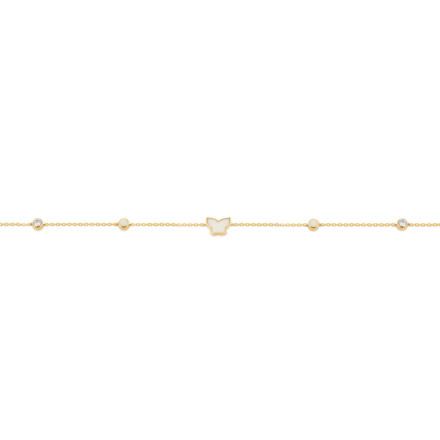 Yellow gold diamond butterfly and enamel station bracelet featuring a central enamel butterfly with bezel set diamonds and enamel discs on a fine chain 