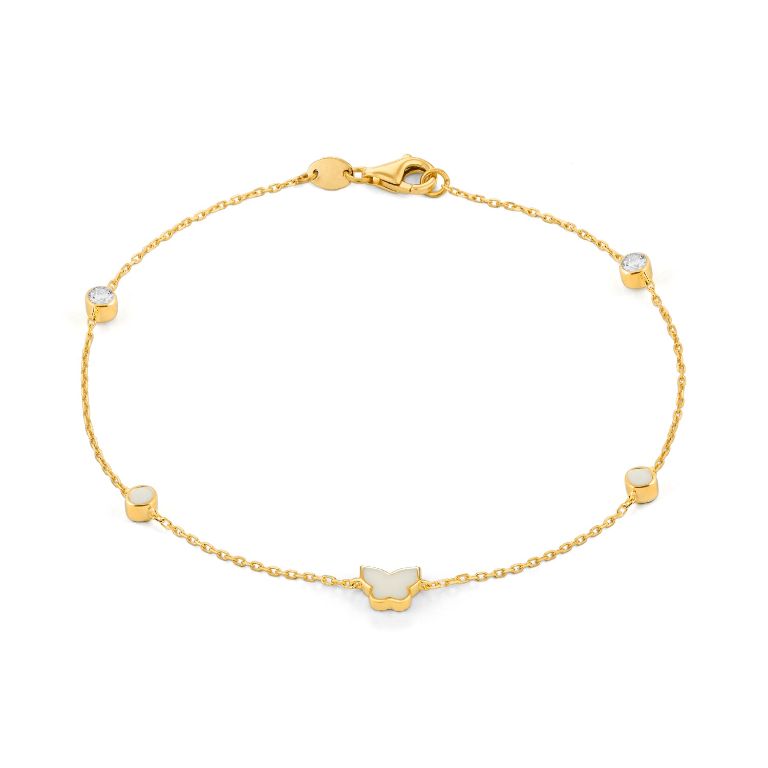 Yellow gold diamond butterfly and enamel station bracelet featuring a central enamel butterfly with bezel set diamonds and enamel discs on a fine chain with lobster clasp, shown on white background