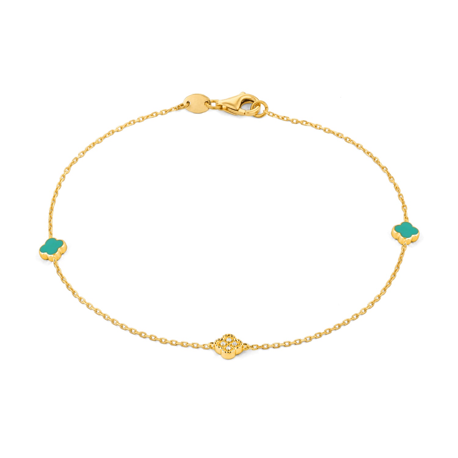 Yellow gold diamond clover and turquoise enamel station bracelet featuring a central milgrain diamond clover with turquoise enamel clover motifs on a fine chain with lobster clasp, shown on white background 