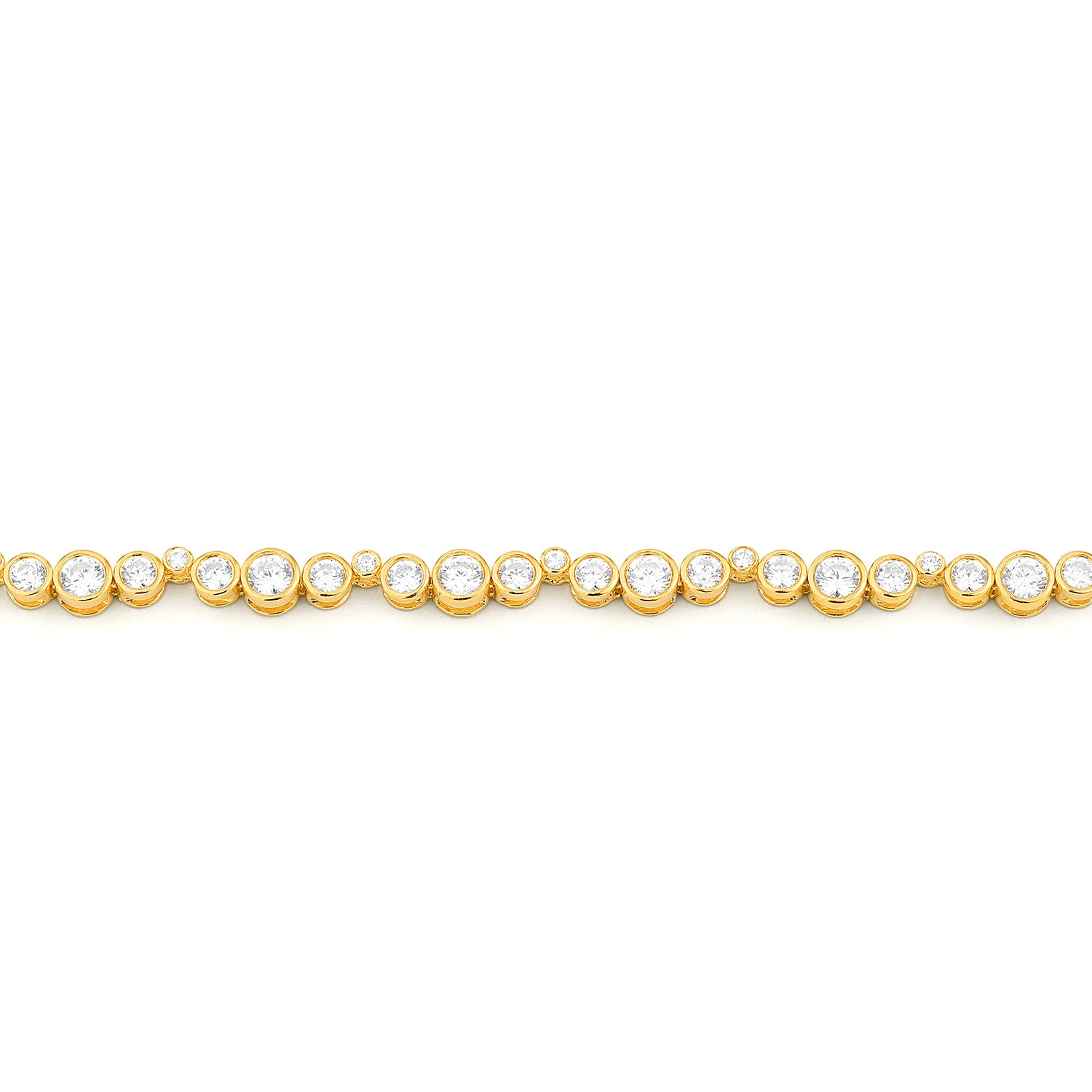 Yellow gold bezel set diamond tennis bracelet featuring 51 round brilliant diamonds totalling 2.50ct with lobster clasp and extender chain, close up