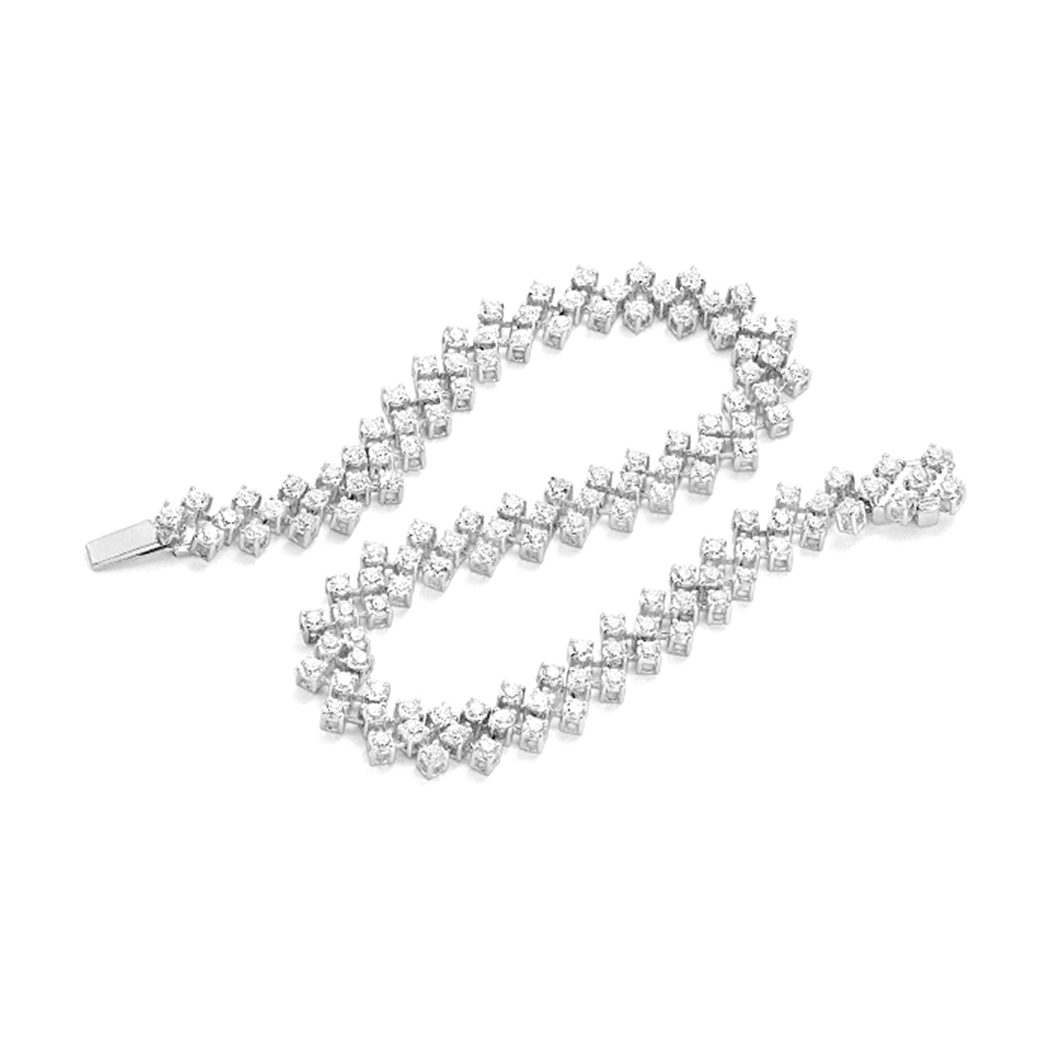 White gold triple row diamond bracelet featuring 138 round brilliant diamonds totalling 3.5ct, shown coiled on white background