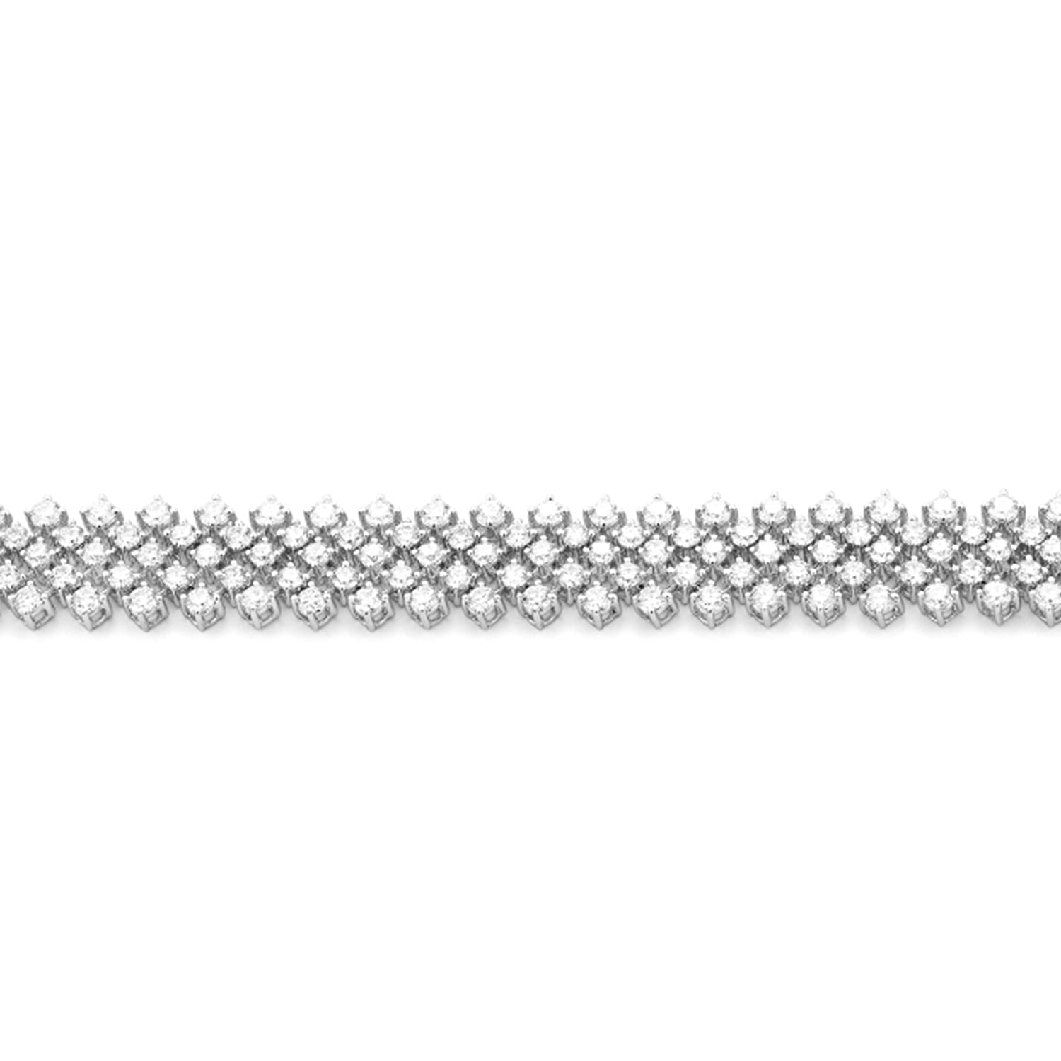 Wide five row white gold diamond bracelet featuring 230 round brilliant diamonds totalling 6.75ct, shown flat and draped on white background