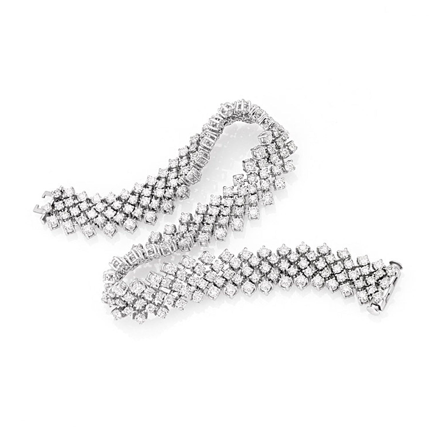 Wide five row white gold diamond bracelet featuring 230 round brilliant diamonds totalling 6.75ct, shown flat and draped on white background