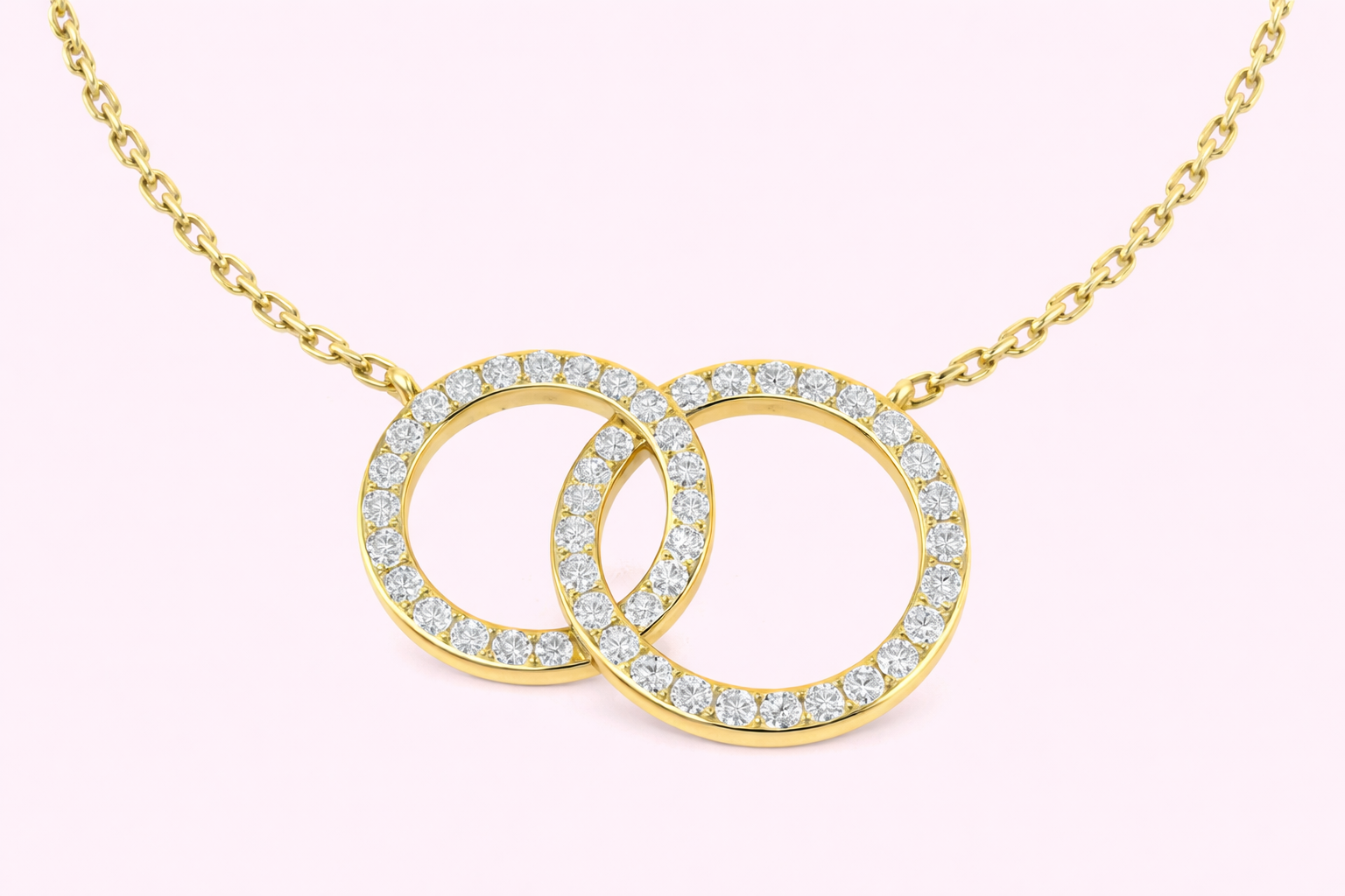 Lab-grown diamond interlocking circle pendant in yellow gold on fine chain, luxury bespoke necklace from Fogal & Barnes Harrogate