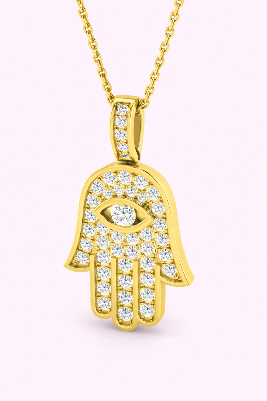 Lab-grown diamond Hamsa pendant in yellow gold with evil eye detail on fine chain, bespoke jewellery by Fogal & Barnes Harrogate
