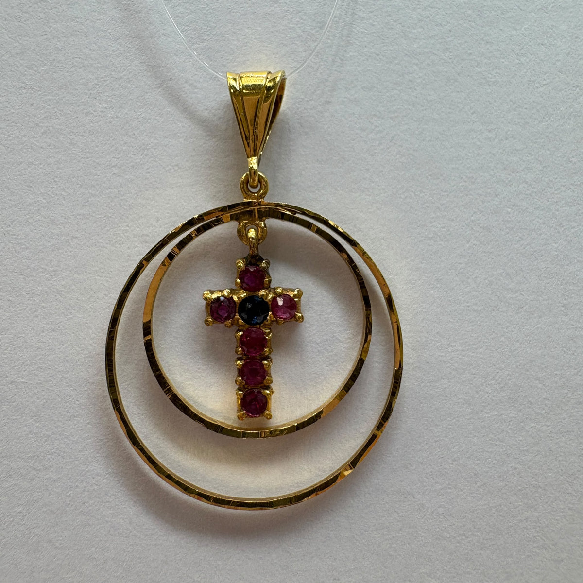22ct gold cross pendant, natural ruby cross pendant, gold cross necklace UK, ruby and sapphire pendant, christening gift gold cross, pre-loved gold pendant, July birthstone pendant, confirmation gift cross