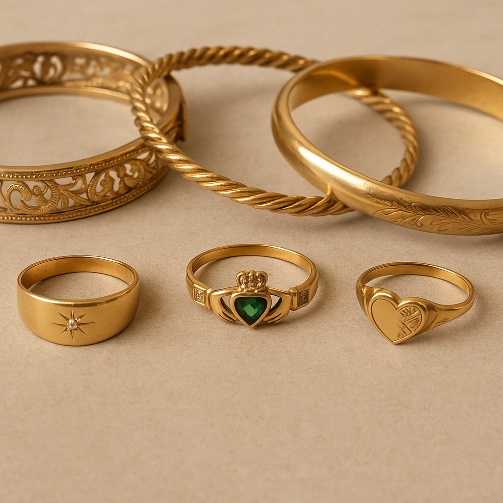 Collection of gold rings and bracelets on a beige background vintage pre loved jewellery 