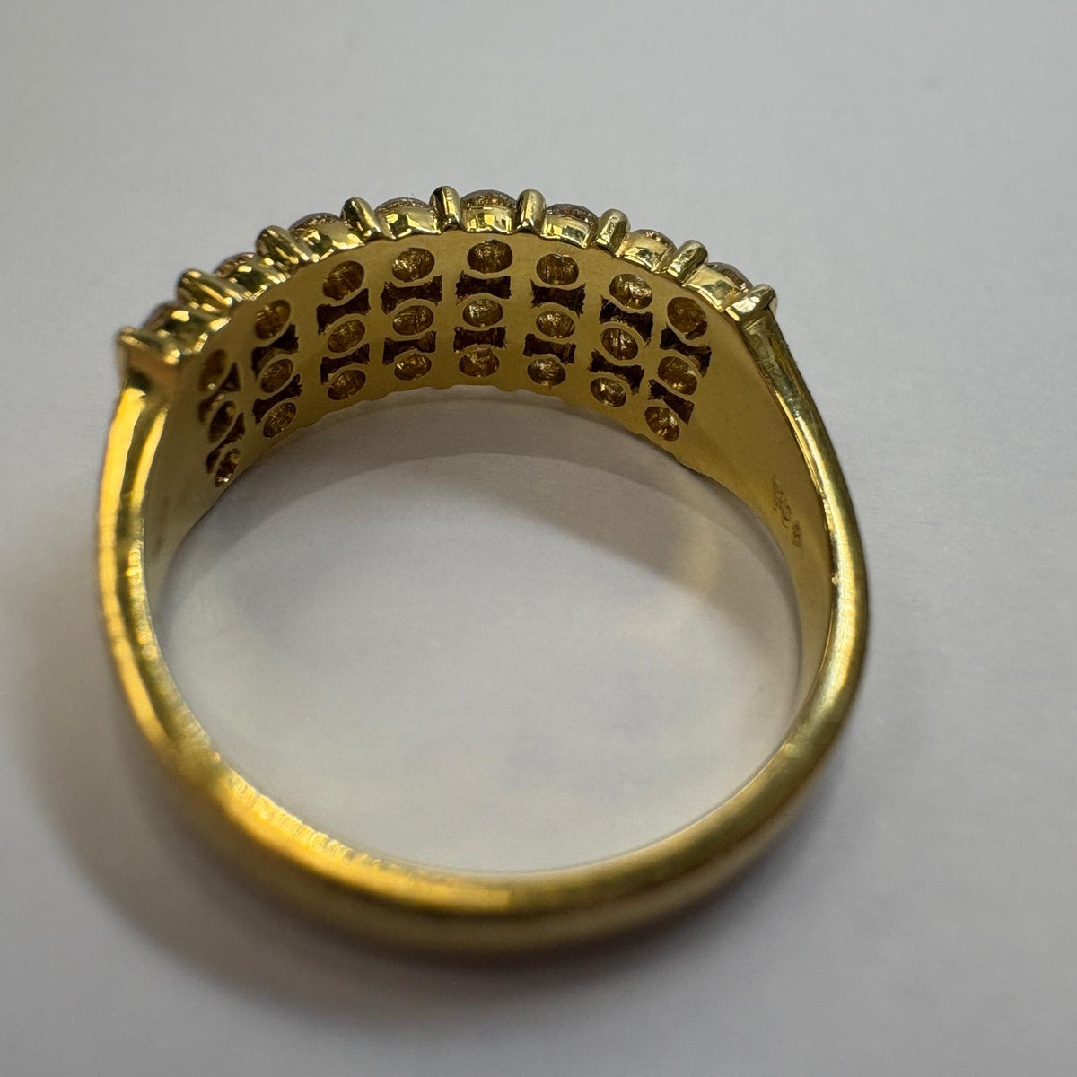 three row diamond ring, 18ct gold diamond band, 1.20ct diamond ring, multi row diamond ring UK, pre-loved diamond ring, anniversary diamond ring, wide diamond band ring, yellow gold diamond ring