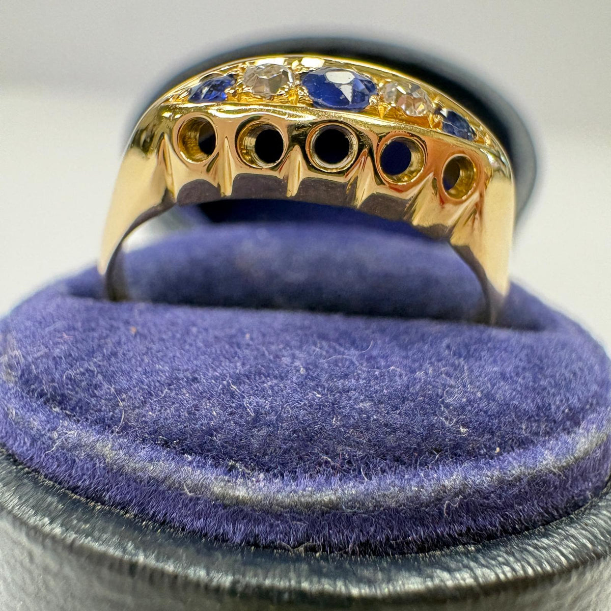 antique five stone ring, Edwardian sapphire ring, old cut diamond ring UK, antique sapphire and diamond ring, 18ct gold five stone ring, antique engagement ring, boat shaped ring, Edwardian engagement ring