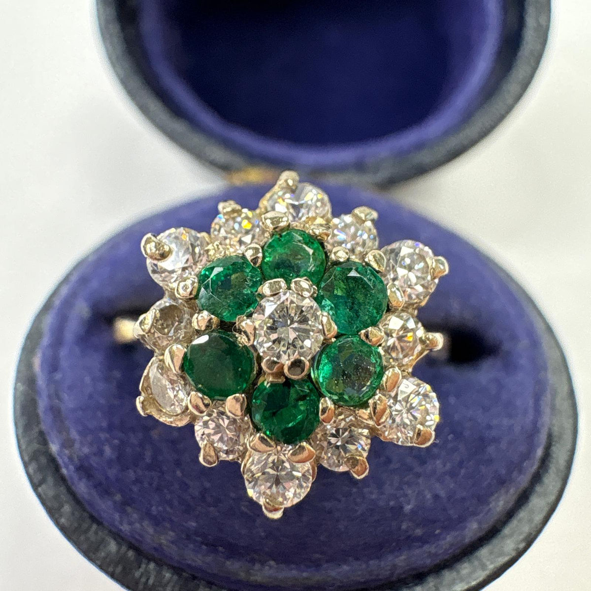 emerald and diamond ring, emerald cluster ring UK, 18ct gold emerald ring, flower cluster ring, May birthstone ring, alternative engagement ring, pre-loved emerald ring, second hand cluster ring