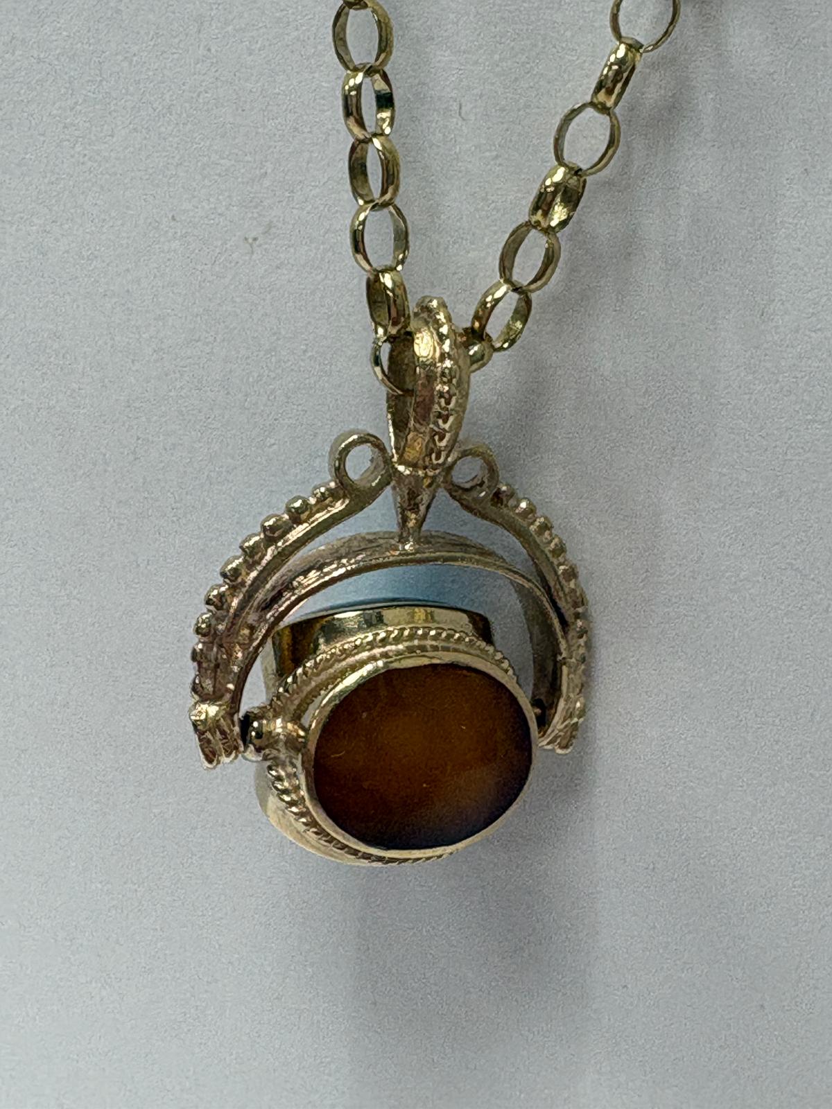 9ct gold spinner pendant, vintage fob necklace, multi stone gold pendant, tiger's eye onyx turquoise necklace, gold belcher chain necklace, pre-loved fob pendant UK, spinning gemstone pendant, second hand gold necklace Harrogate