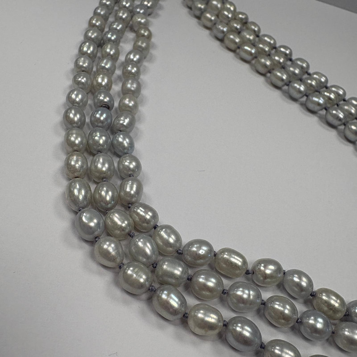 grey pearl necklace, triple strand pearl necklace, freshwater pearl necklace UK, multi strand pearl necklace, silver grey pearls, pearl necklace gold clasp, pre-loved pearl necklace, statement pearl necklace
