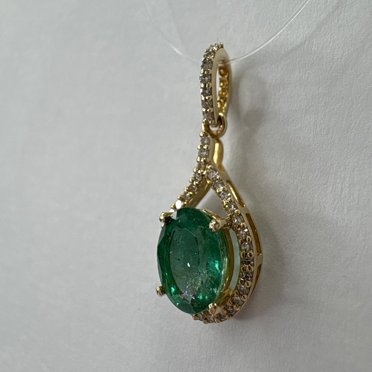 emerald pendant UK, emerald and diamond pendant, certified emerald pendant, 14ct gold emerald necklace, emerald halo pendant, May birthstone pendant, natural emerald pendant, pre-loved emerald pendant