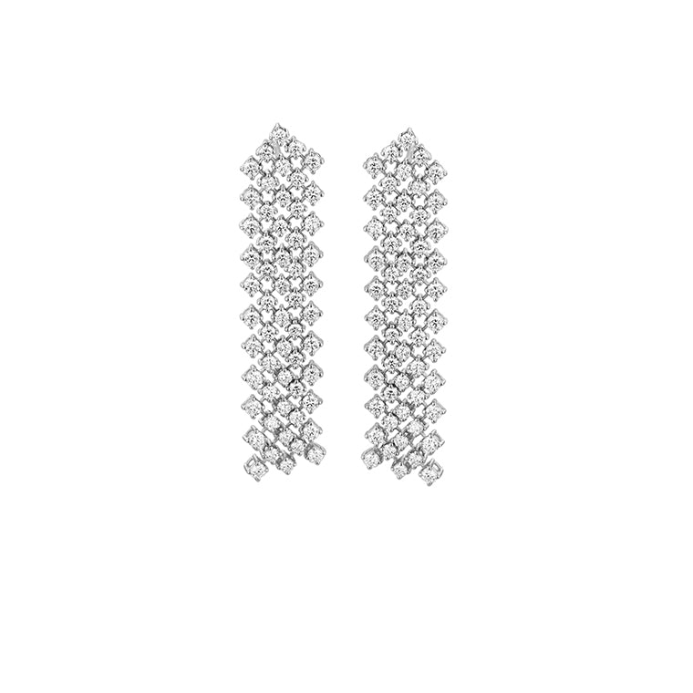 Pair of white gold diamond cascade drop earrings featuring 112 round brilliant diamonds totalling 3.3ct, shown on white background