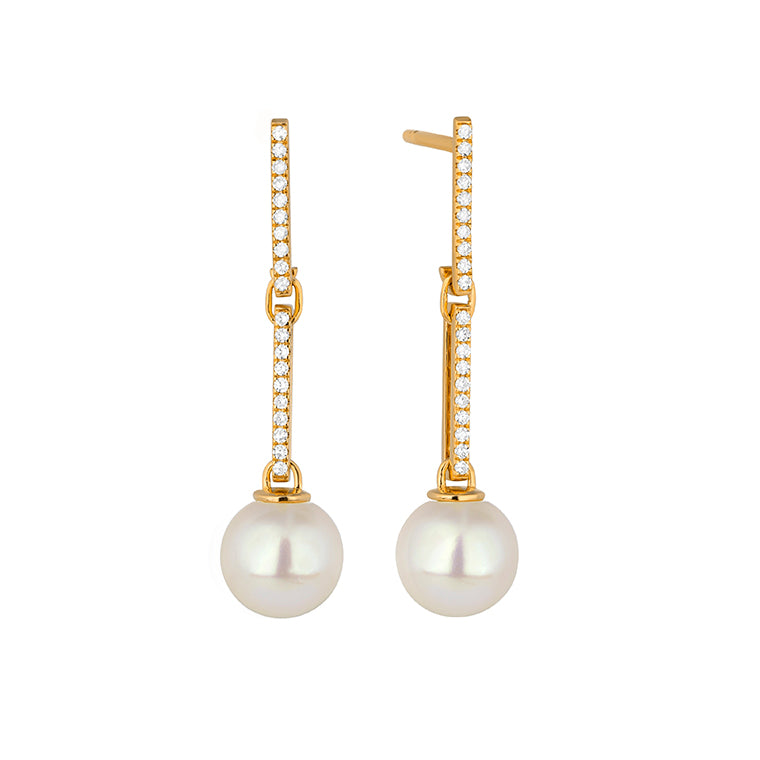 Yellow gold Akoya pearl and diamond bar drop earrings featuring a full pavé diamond bar suspending 8-8.5mm Akoya pearls with butterfly backs, shown on white background