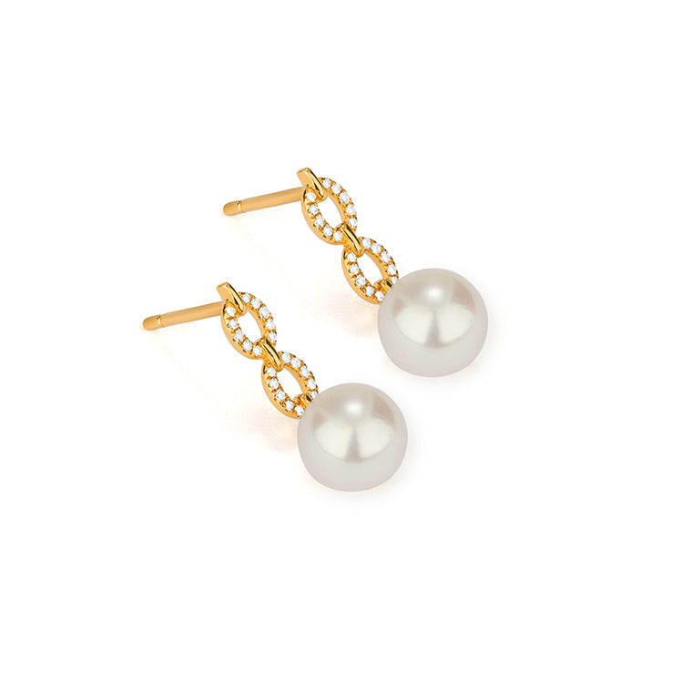 Yellow gold Akoya pearl and diamond double link drop earrings featuring two pavé diamond oval links suspending 8-8.5mm Akoya pearls with butterfly backs, side