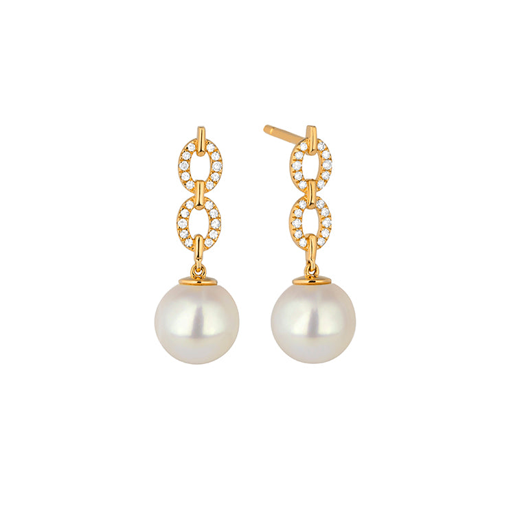 Yellow gold Akoya pearl and diamond double link drop earrings featuring two pavé diamond oval links suspending 8-8.5mm Akoya pearls with butterfly backs, shown on white background