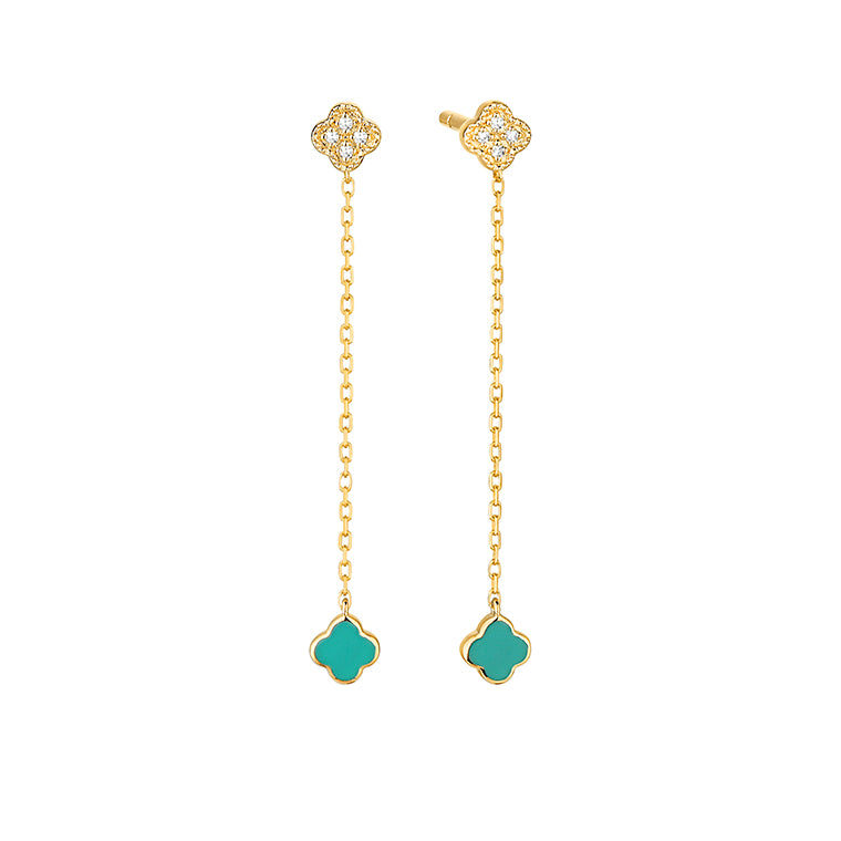 Yellow gold diamond clover and turquoise enamel chain drop earrings featuring a pavé diamond clover stud with fine chain drop and turquoise enamel clover, shown on white background