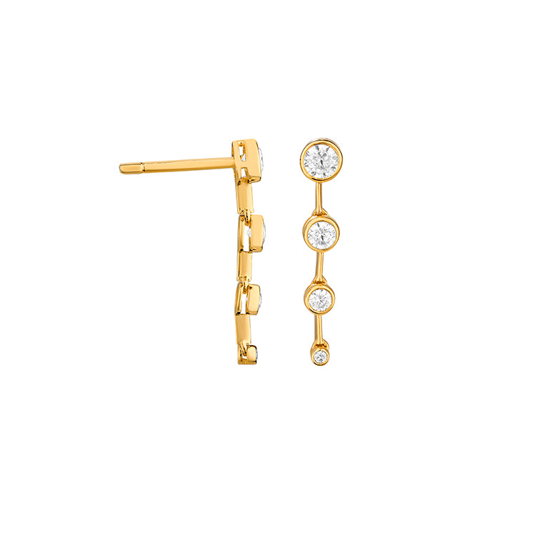 Yellow gold bezel set graduating diamond drop earrings featuring four round brilliant diamonds on slim gold bars with butterfly backs, side view