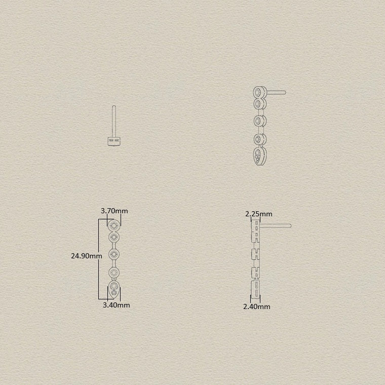 Specifications of yellow gold bezel set diamond drop earrings featuring a descending line of round brilliant diamonds finished with a pear shaped diamond, shown on white background