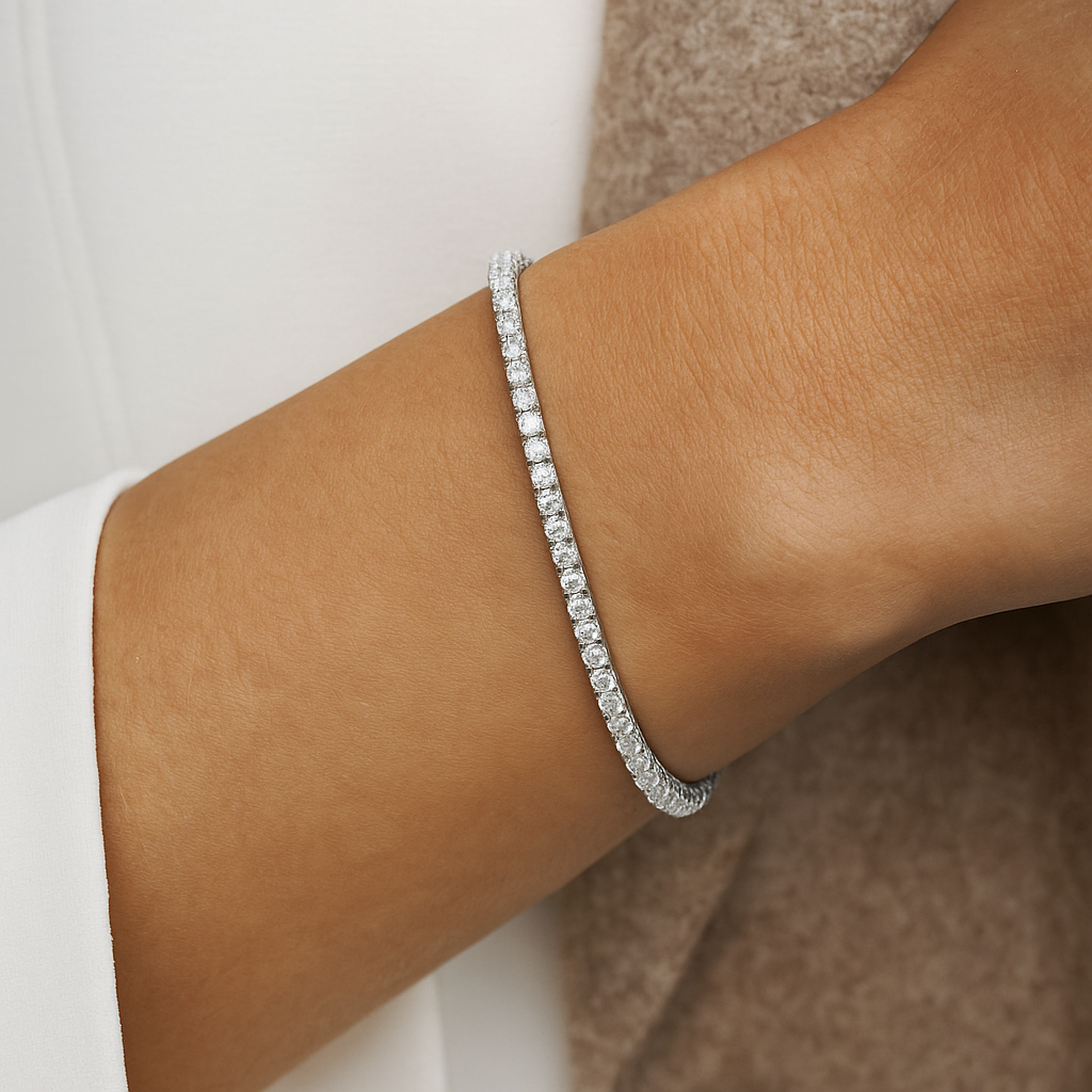 925 Sterling Silver Rhodium Plated Cubic Zirconia Tennis Bracelet with Figure-of-Eight ClaspHarrogate