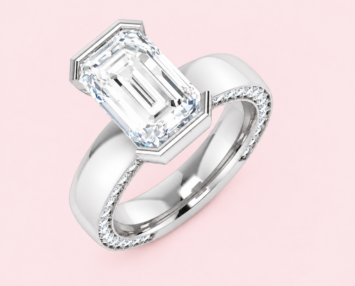3.01ct emerald cut lab-grown diamond engagement ring in white gold or platinum with half bezel setting
