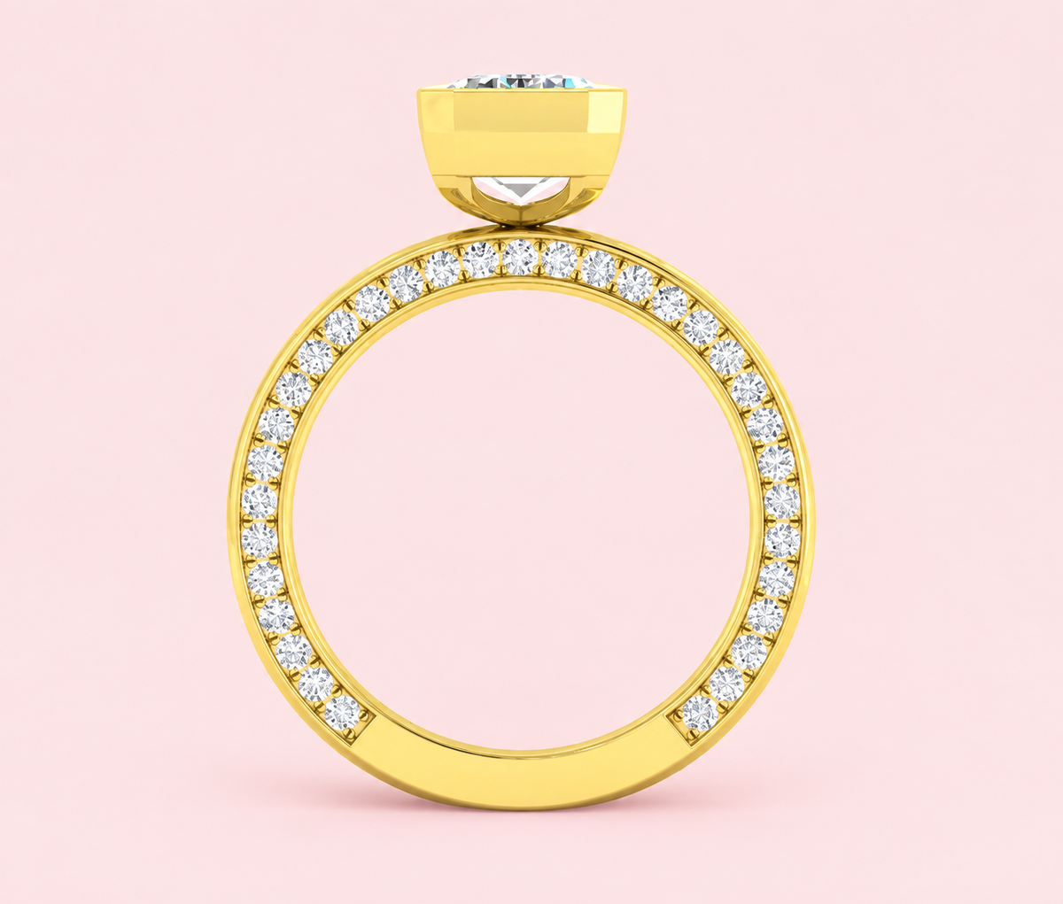 Side profile of emerald cut engagement ring showing 76 round diamonds set along the band