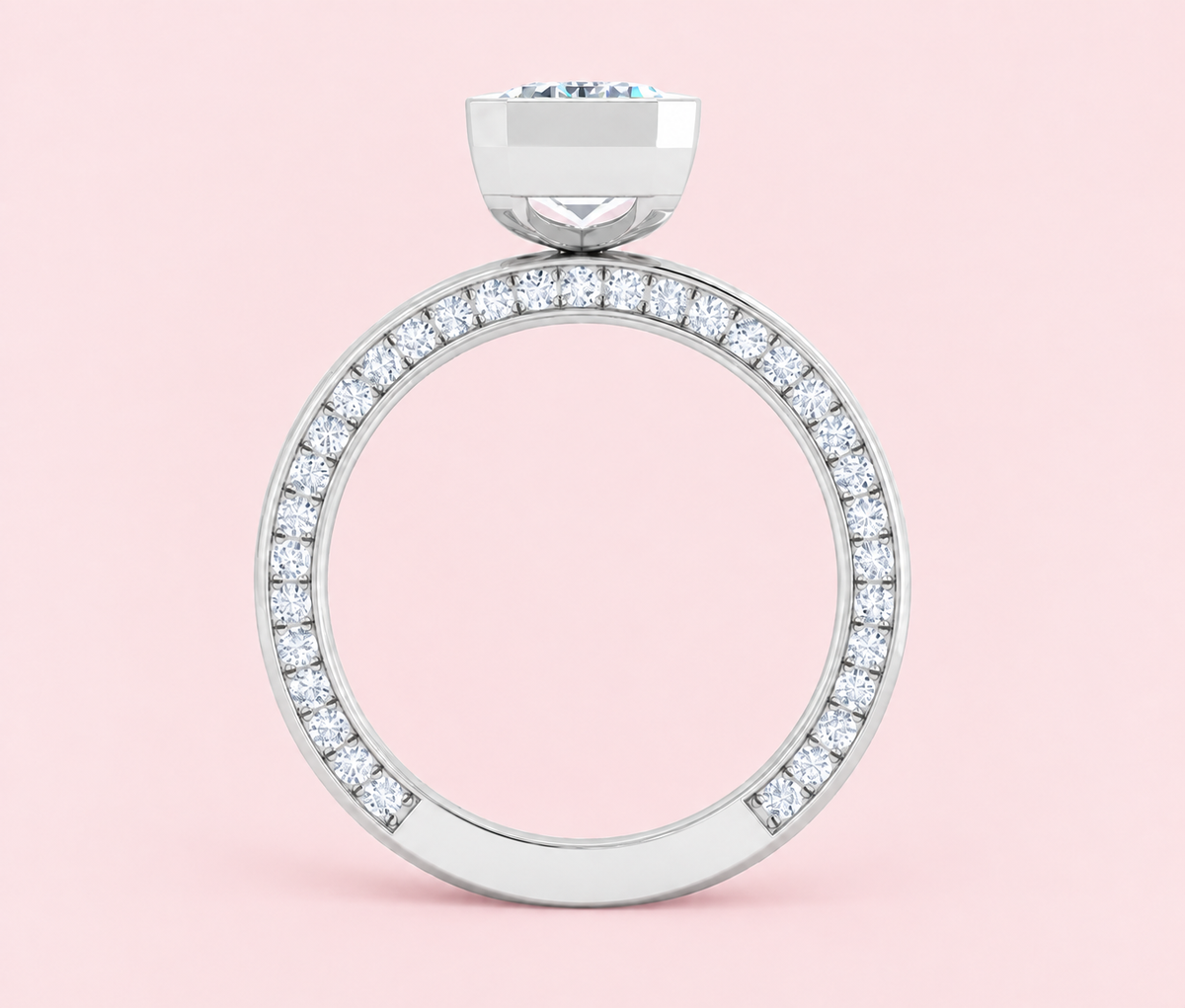 Side profile of emerald cut lab-grown diamond engagement ring in white gold or platinum showing 76 round diamonds set along the band