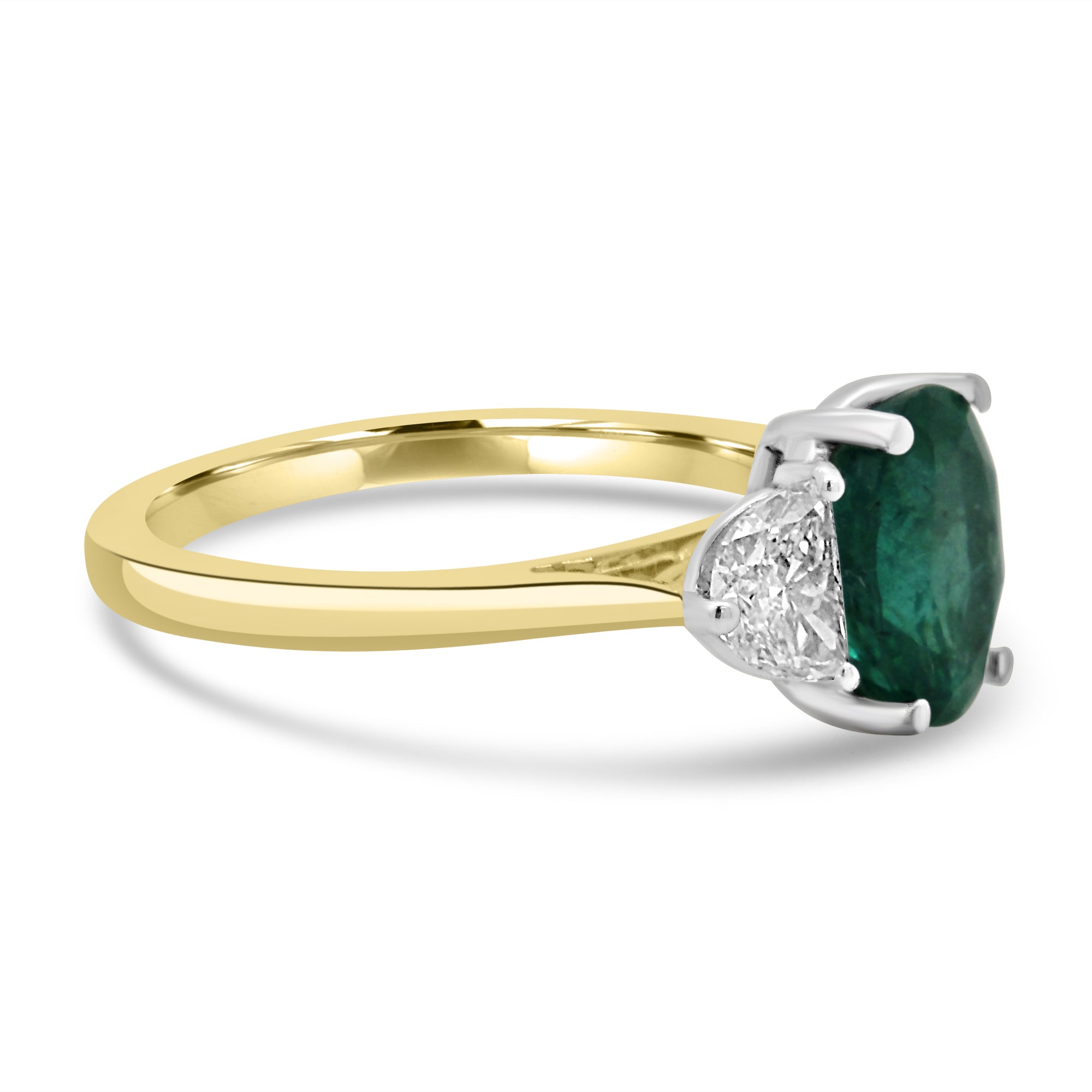 Fogal and Barnes Oval Emerald trilogy with half moons Yellow gold  Engagement Ring Harrogate 