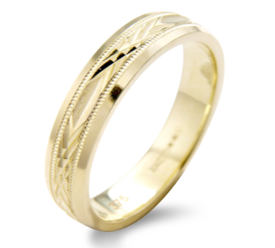 Engraved diamond-cut wedding ring with millegrain edging in 9ct, 18ct or platinum, hand-crafted by Fogal & Barnes Harrogate
