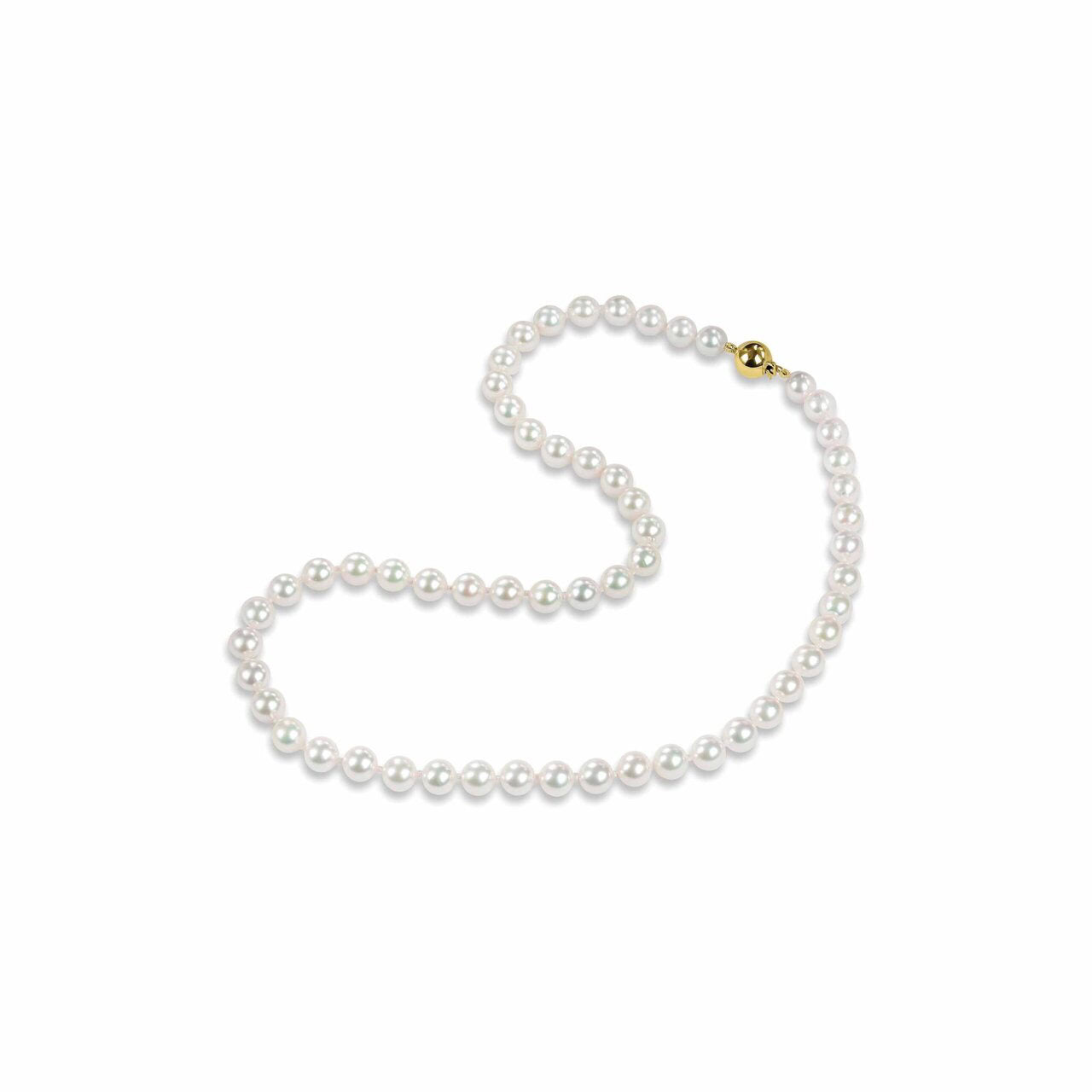 Freshwater pearl necklace, 4–4.5mm white round pearls on a 16 inch strand with a 9ct yellow gold ball clasp, Fogal & Barnes Harrogate
