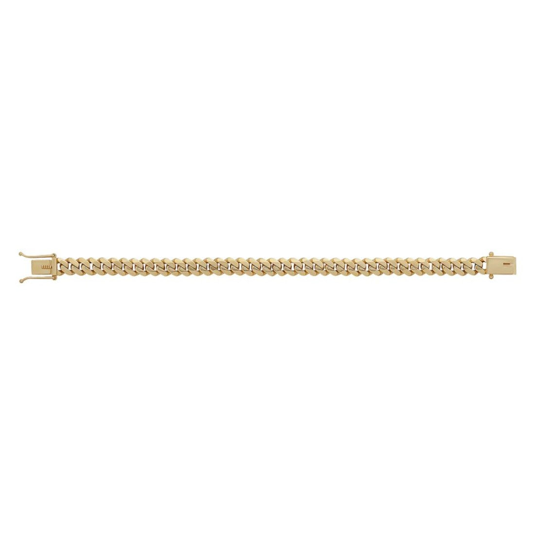 Solid 9ct yellow gold Cuban link bracelet with box clasp shown on white background, available in 7mm and 8.5mm widths