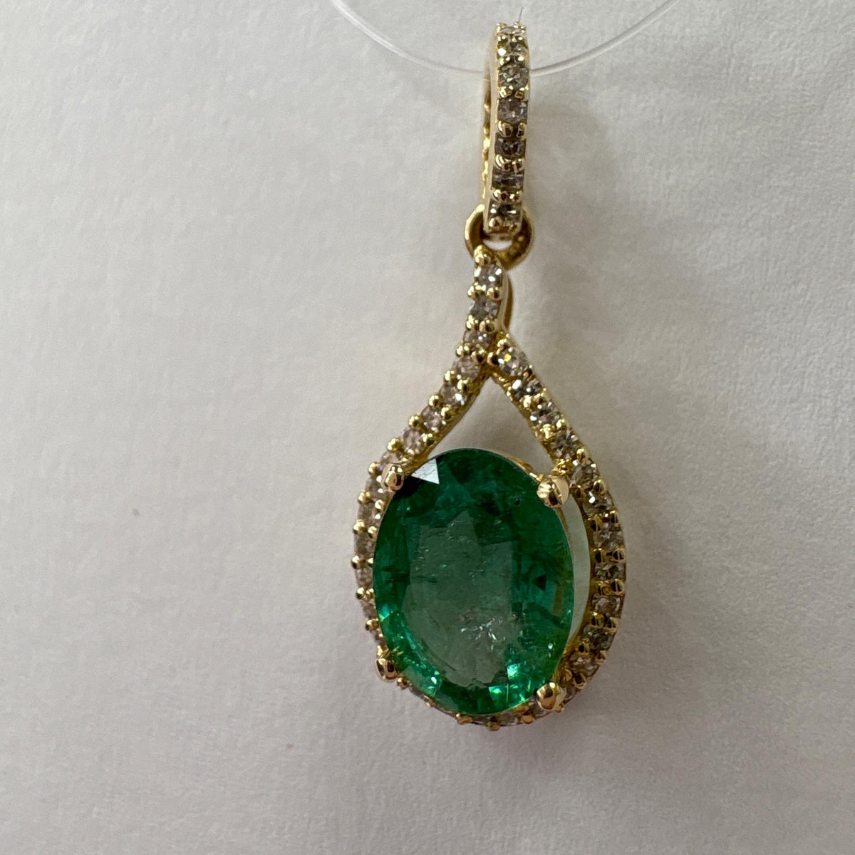 emerald pendant UK, emerald and diamond pendant, certified emerald pendant, 14ct gold emerald necklace, emerald halo pendant, May birthstone pendant, natural emerald pendant, pre-loved emerald pendant