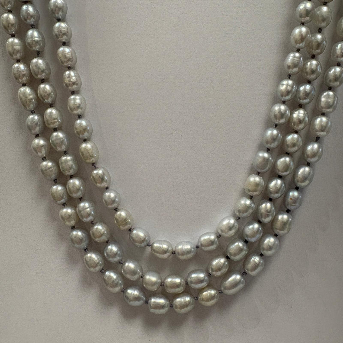 grey pearl necklace, triple strand pearl necklace, freshwater pearl necklace UK, multi strand pearl necklace, silver grey pearls, pearl necklace gold clasp, pre-loved pearl necklace, statement pearl necklace