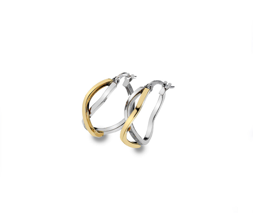 SMALL YELLOW AND WHITE GOLD CROSSOVER HOOP EARRINGS