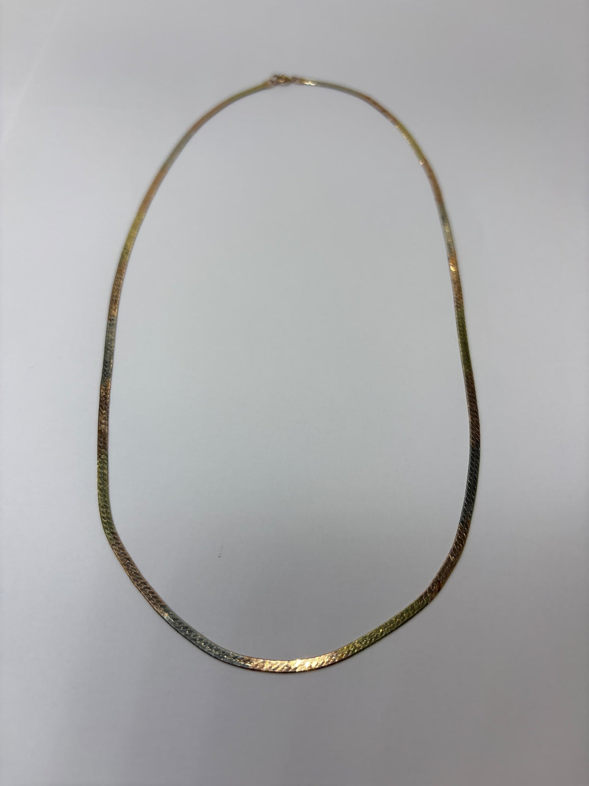 Jewellery shop Harrogate three tone gold necklace, herringbone chain necklace, pre-loved 14ct gold chain, second hand tri-colour gold necklace, flat herringbone necklace