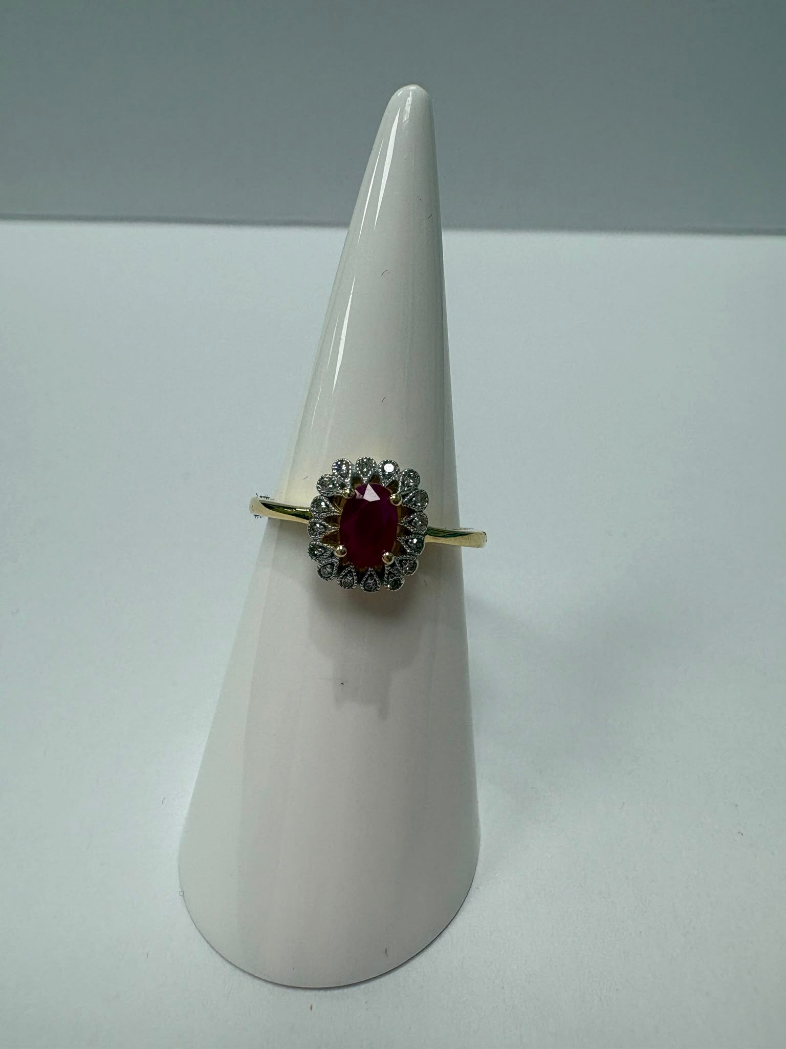 ruby and diamond ring, ruby cluster ring, 14ct gold ruby ring, second hand ruby ring UK, pre-loved ruby ring, vintage ruby ring, 0.50ct ruby ring, ruby halo ring, second hand jewellery Harrogate, second hand jewellery Leeds, second hand jewellery York, second hand jewellery Yorkshire, pre-owned ruby ring UK, antique style ruby ring, classic cluster ring, buy second hand ruby ring, ruby ring size N half, ruby ring near me, fine jewellery Harrogate, pre-loved jewellery Yorkshire