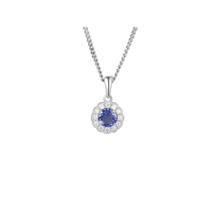 SILVER CZ AND TANZANITE  ROUND CLUSTER NECKLACE
