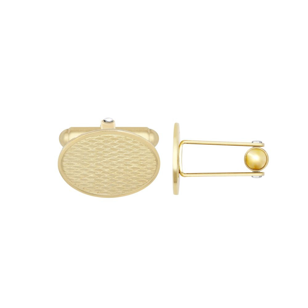9ct yellow gold oval cufflinks with engine-turned detailing and swivel backs by Fogal & Barnes Fine Jewellers of Harrogate.
