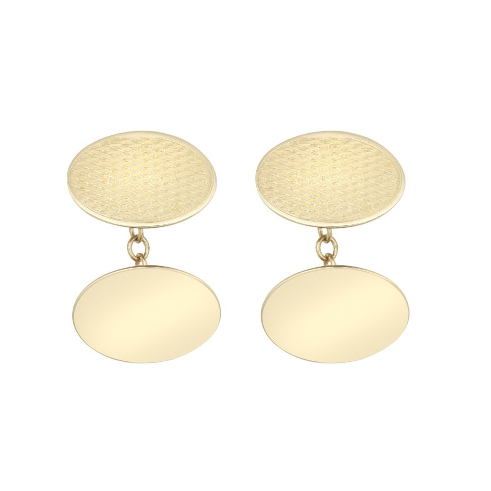 9ct yellow gold oval Art Deco cufflinks with engine-turned detailing and chain backs by Fogal & Barnes Fine Jewellers of Harrogate.