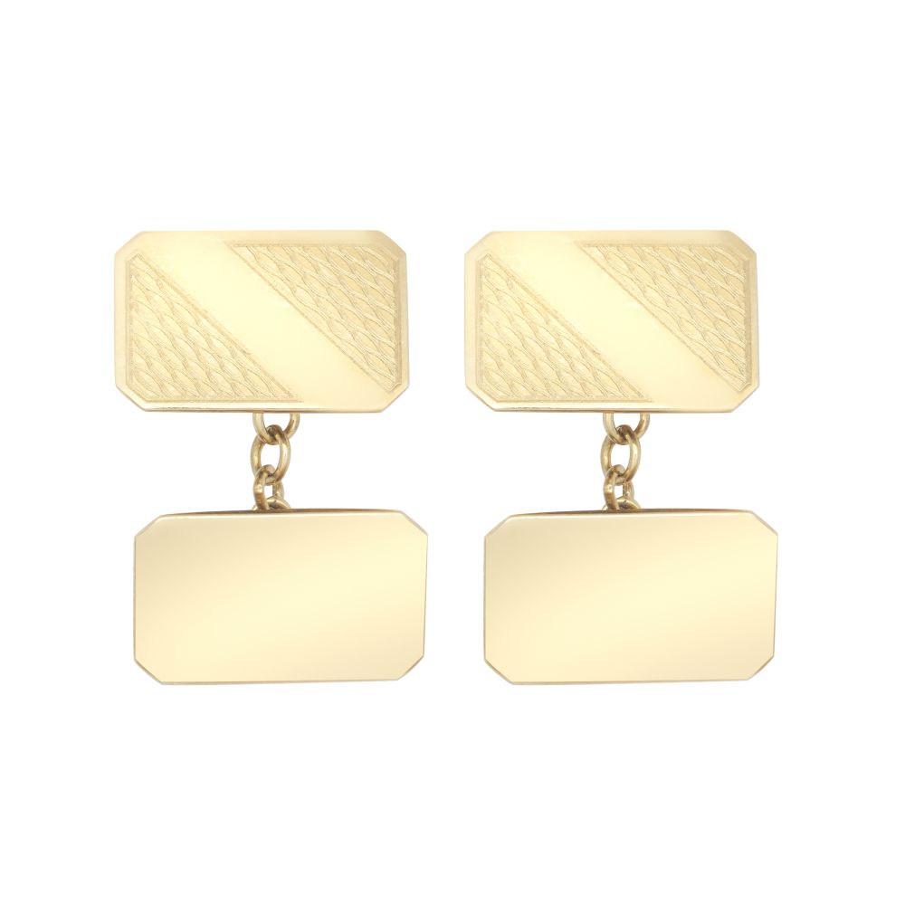 9ct yellow gold Art Deco cufflinks with engine-turned detailing and chain backs by Fogal & Barnes Fine Jewellers of Harrogate.